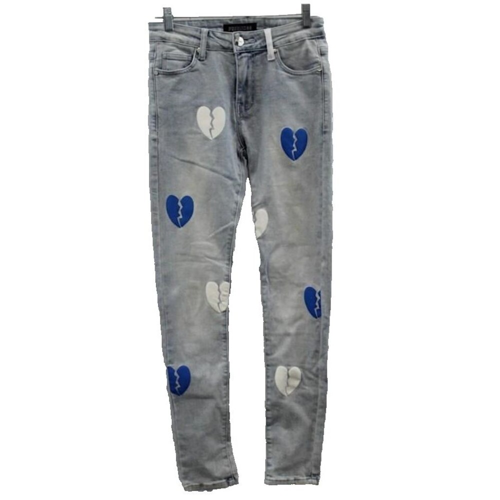 Pheelings Mens Sz 28 Light Wash Broken Heart Print Skinny Ankle Jean Streetstyle
